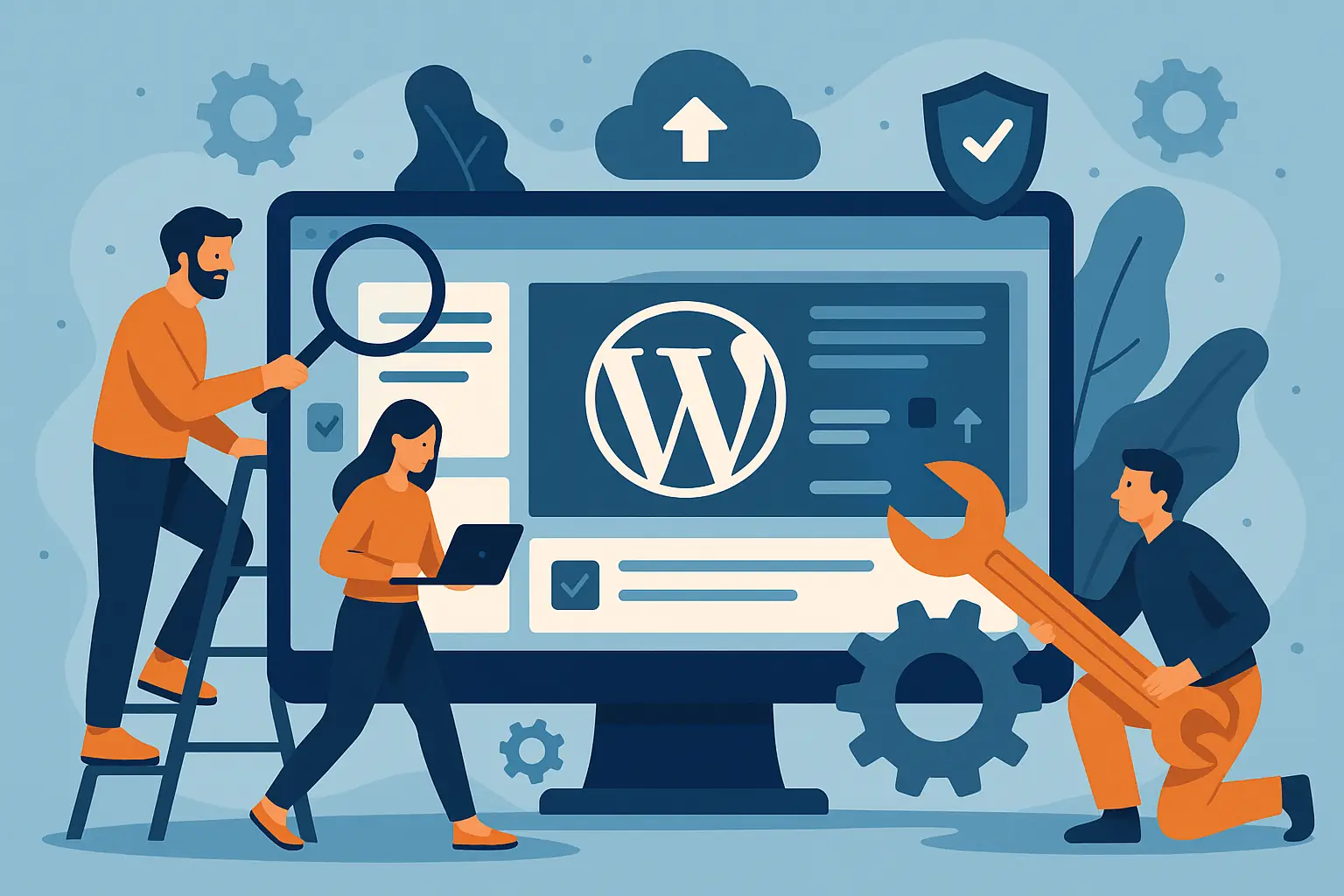 Teamarbeit an WordPress-Webseite Team bei der Wartung und Optimierung einer WordPress-Webseite mit Werkzeugen und Laptop