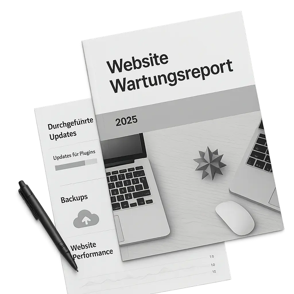 Website Wartungsreport 2025 mit Laptop Wartungsreport 2025 mit Laptop und Statistikdaten – Updates, Backups und Performance im Überblick für Webseitenbetreiber