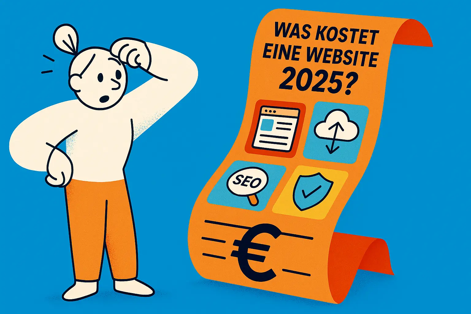 Wie viel kostet eine Website im Jahr 2025? Person grübelt über Website-Kosten 2025 mit Symbolen für SEO, Hosting, Sicherheit und Webdesign