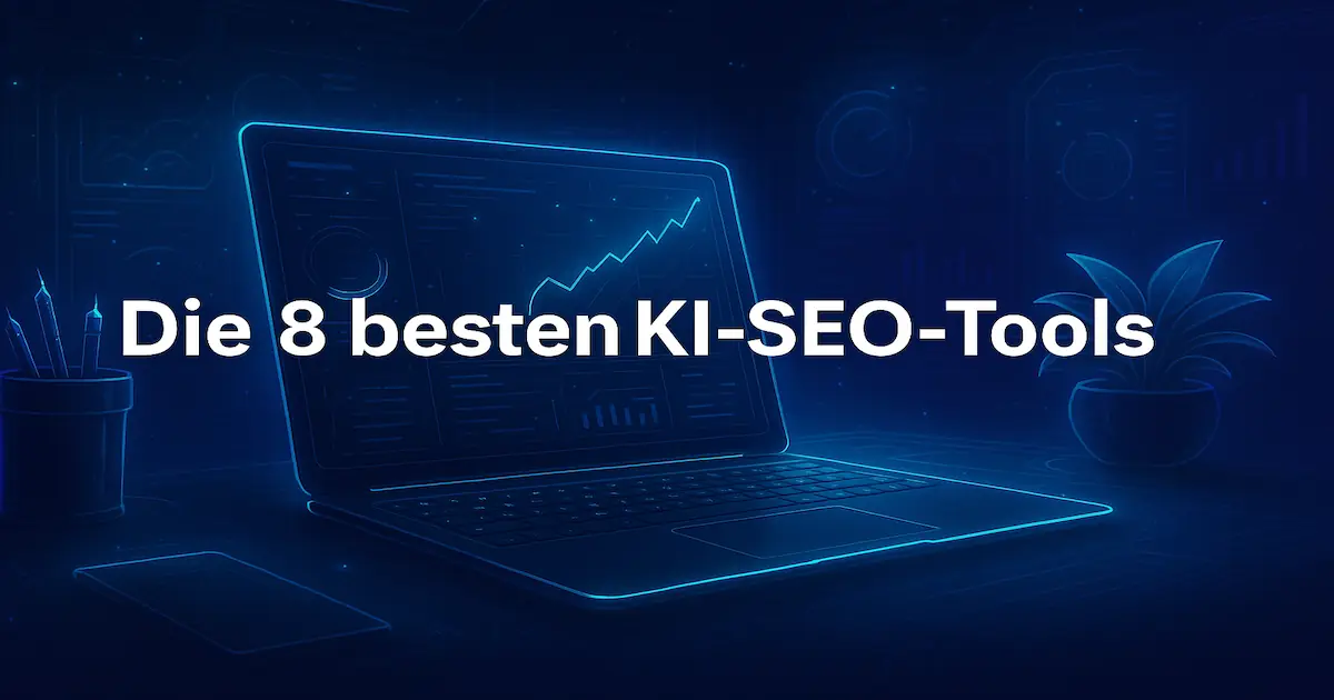 Laptop mit Datenanalyse-Grafik und Text „Die 8 besten KI-SEO-Tools“ auf dunklem Hintergrund