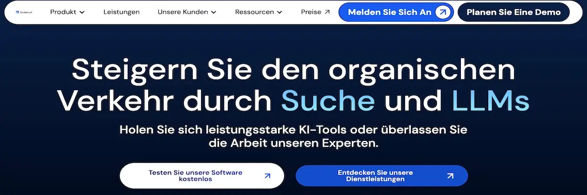 Scalenut-Startseite mit Fokus auf organischen Traffic durch Suche und KI-gestützte LLMs