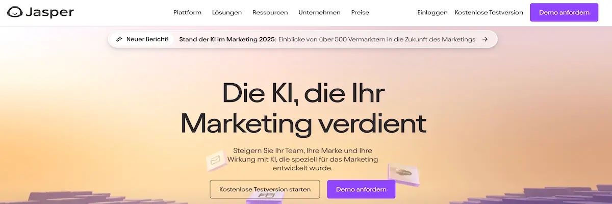 Startseite von Jasper mit KI-Fokus für modernes Marketing und Conversion-Steigerung
