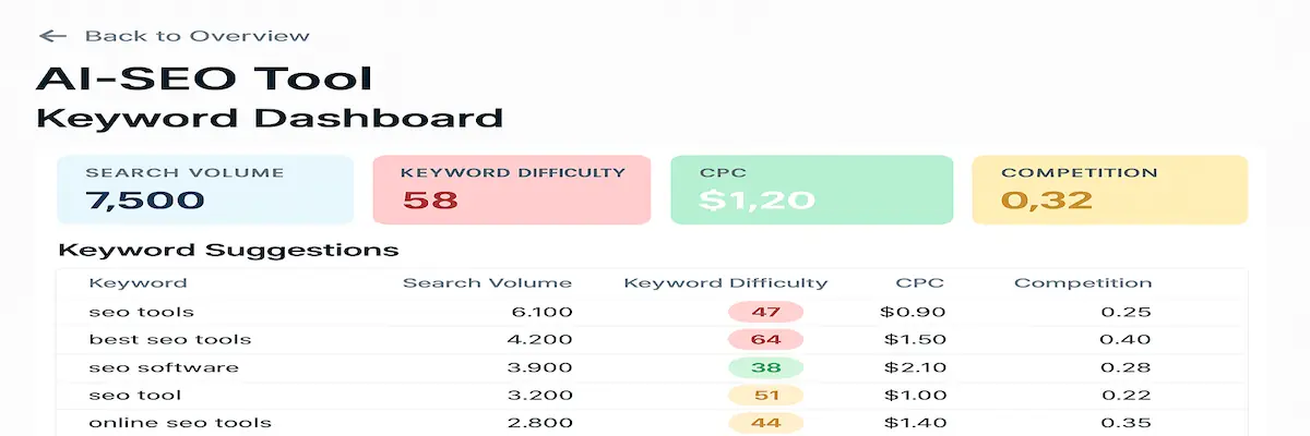 Screenshot eines KI-SEO-Tools mit Keyword-Vorschlägen, Suchvolumen, CPC, Wettbewerb und Schwierigkeit