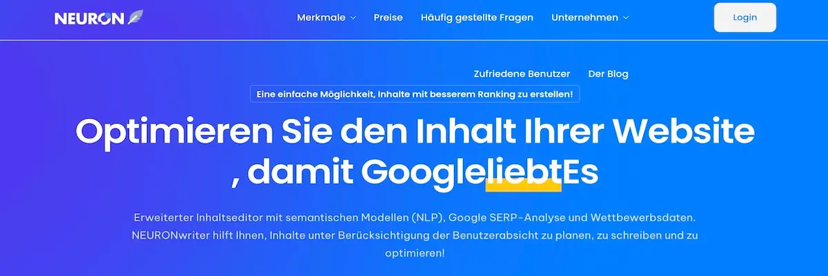 Startseite von NEURONwriter mit Fokus auf SEO-Inhaltsoptimierung für bessere Google-Rankings