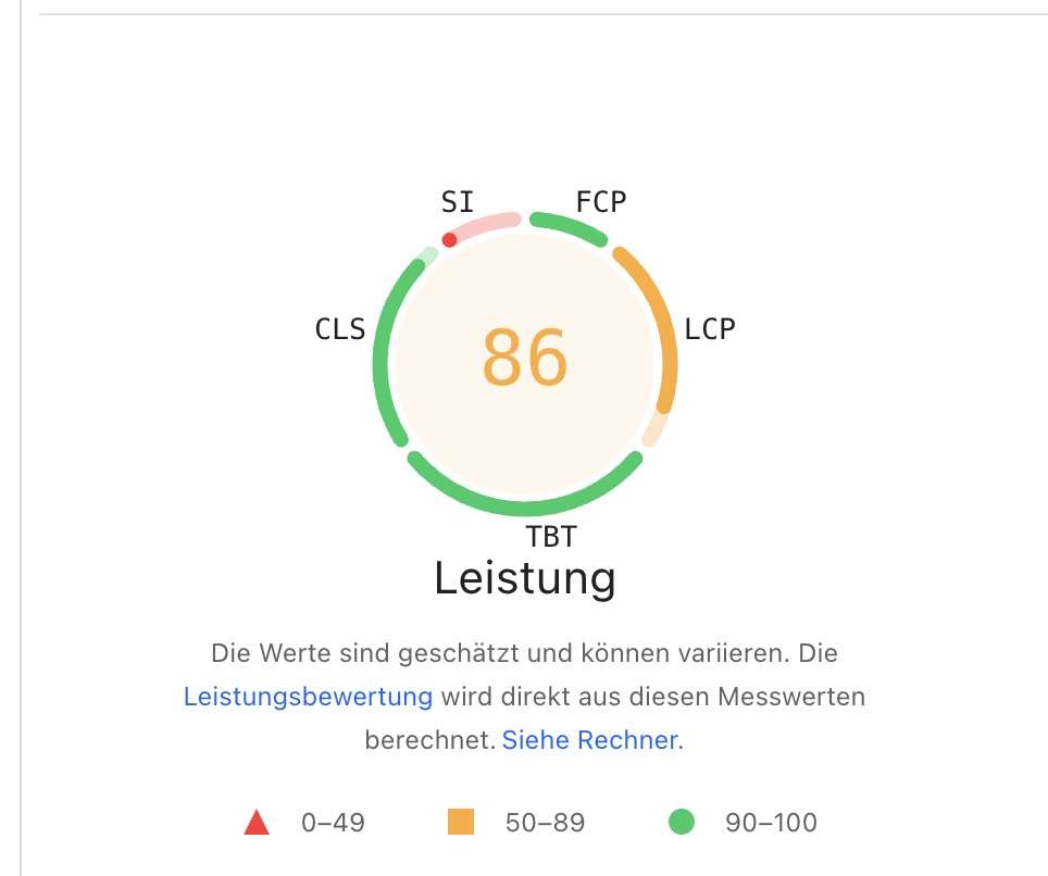 Leistungsbewertung bei Google PageSpeed Insights Ladezeit-Optimierung SEO-Strategie 2025 - Google PageSpeed Performance mit 86 Punkten – Optimierungspotenzial für Ladezeit und Nutzererlebnis