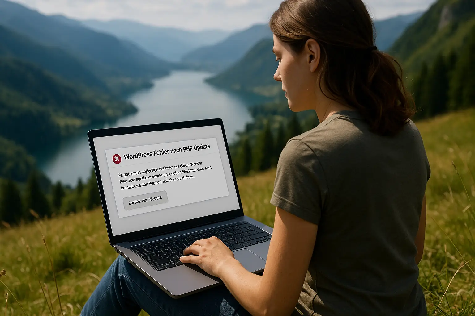 WordPress-Fehler auf Laptop im Grünen Frau sieht WordPress-Fehlermeldung nach PHP-Update auf dem Laptop beim Arbeiten in der Natur
