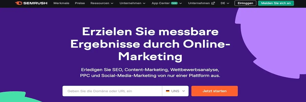 SEMrush Startseite mit Fokus auf messbare Ergebnisse durch SEO und Online-Marketing
