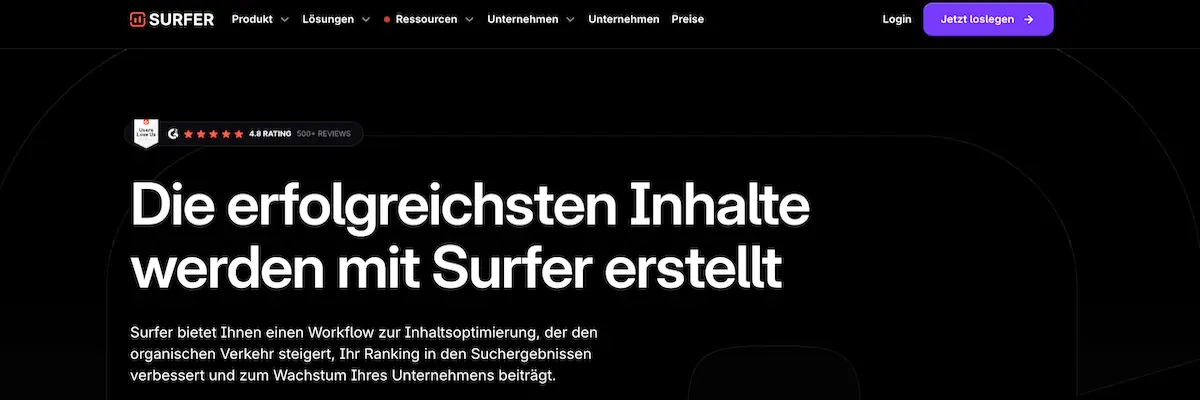 Startseite des SEO-Tools Surfer mit Slogan zur erfolgreichen Content-Erstellung