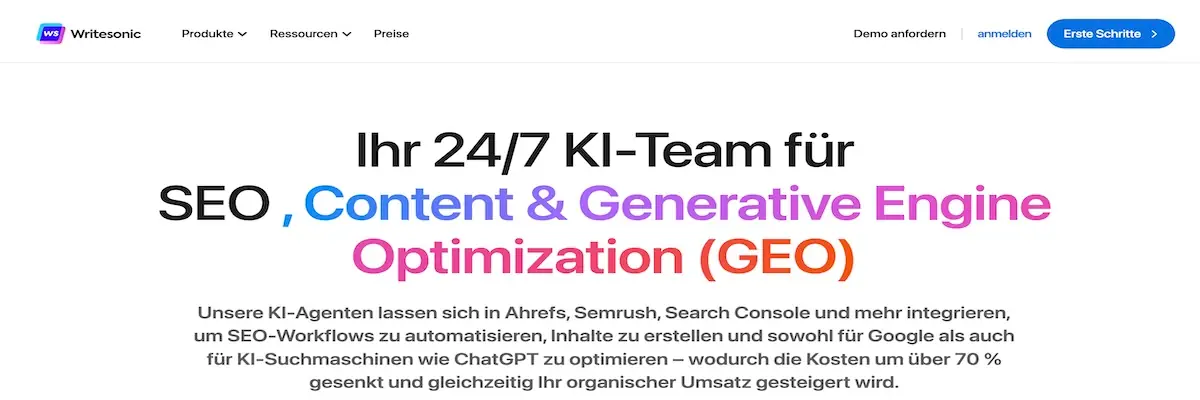 Startseite von Writesonic mit Fokus auf KI-gestützte SEO- und Content-Optimierung rund um die Uhr