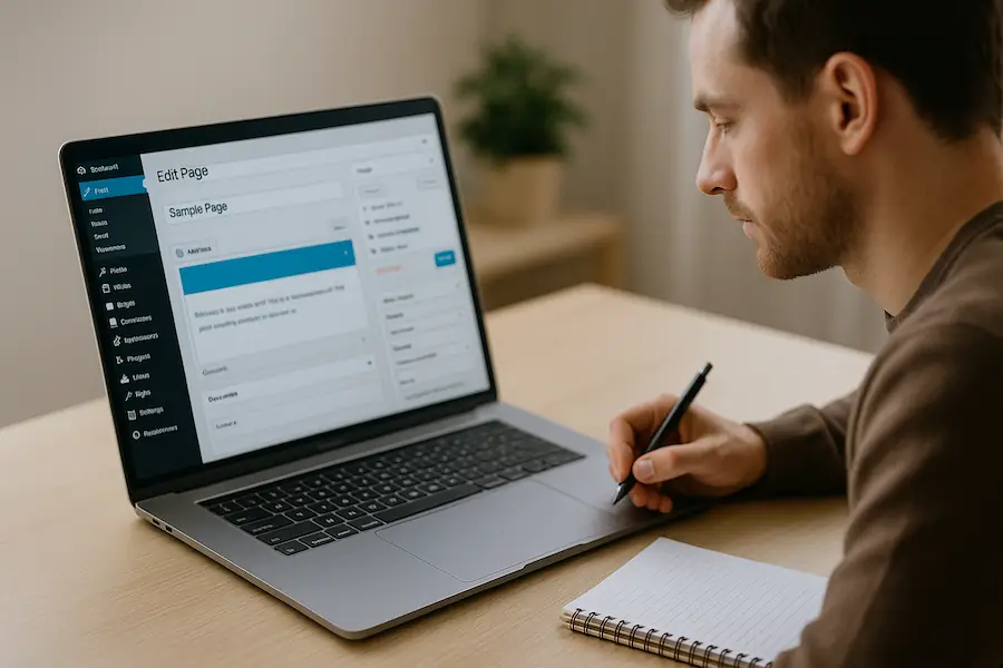 wordPress tipps Mann bearbeitet WordPress-Seite am Laptop – digitale Sichtbarkeit für Selbstständige verbessern