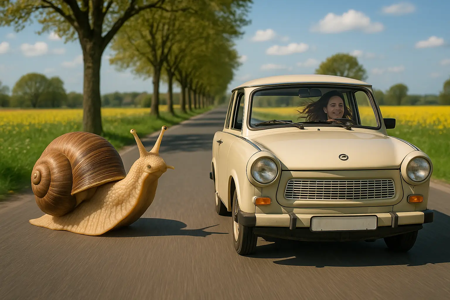 Oldtimer Trabbi fährt auf Landstraße neben riesiger Schnecke – symbolisch für Digitalisierung mit angezogener Handbremse
