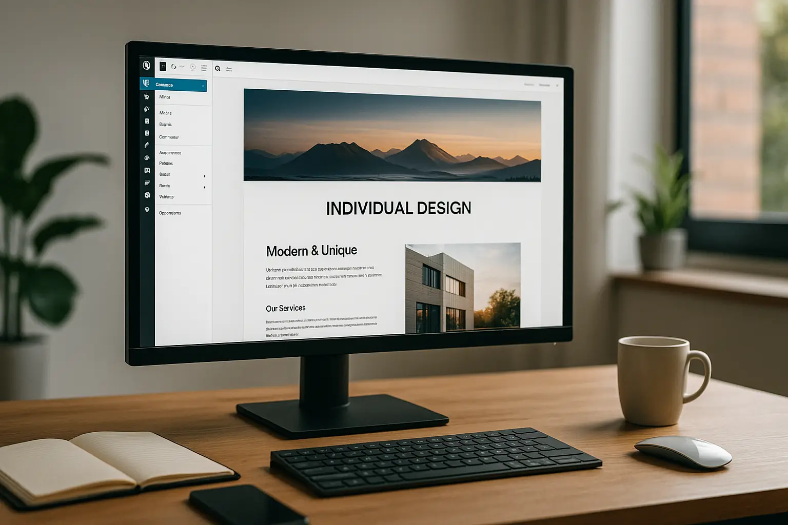 Webseite erstellen: Moderne Website-Gestaltung am Bildschirm in heller, minimalistischer Arbeitsumgebung