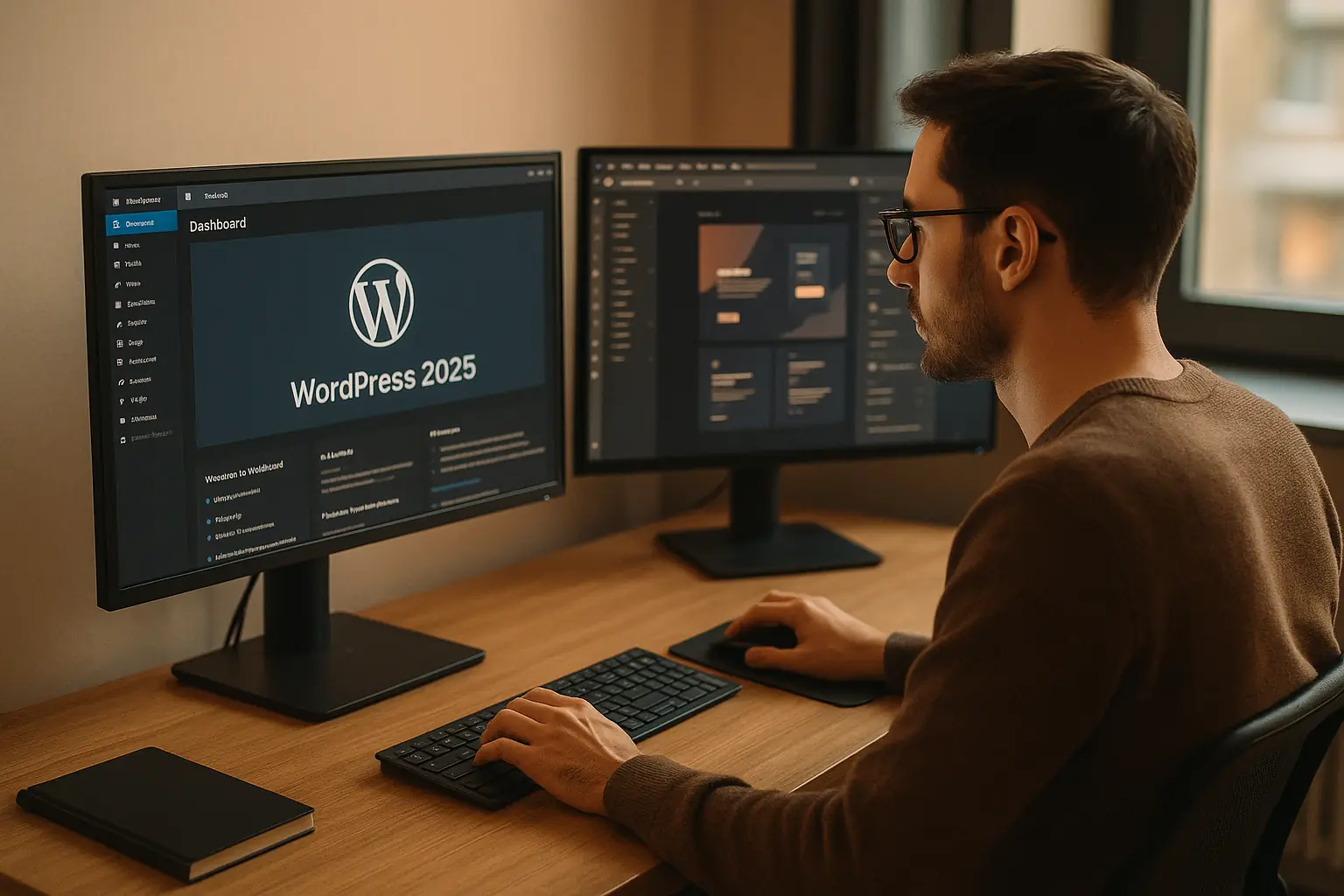 Webdesigner arbeitet am Computer mit WordPress 2025 Dashboard auf zwei Monitoren