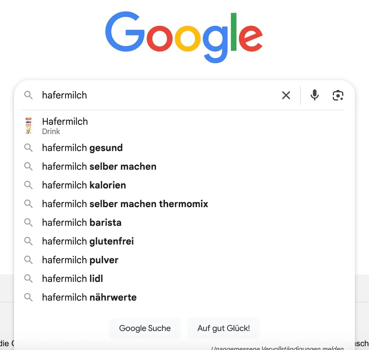 Google-autosuggestion für „Hafermilch“ autosuggestion Google-Suchvorschläge zum Begriff Hafermilch mit Fokus auf Gesundheit, Nährwerte und Zubereitung