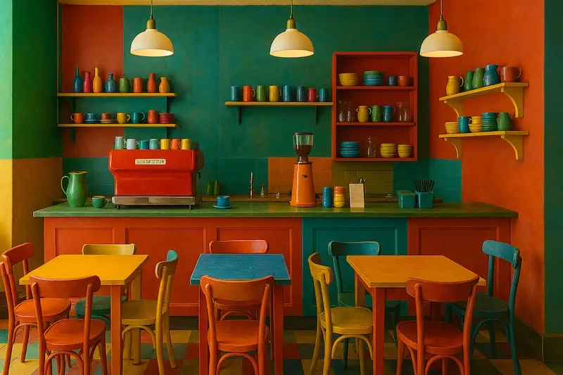 Buntes Retro-Café mit knalligen Farben, Espressomaschine und gemischtem Geschirr