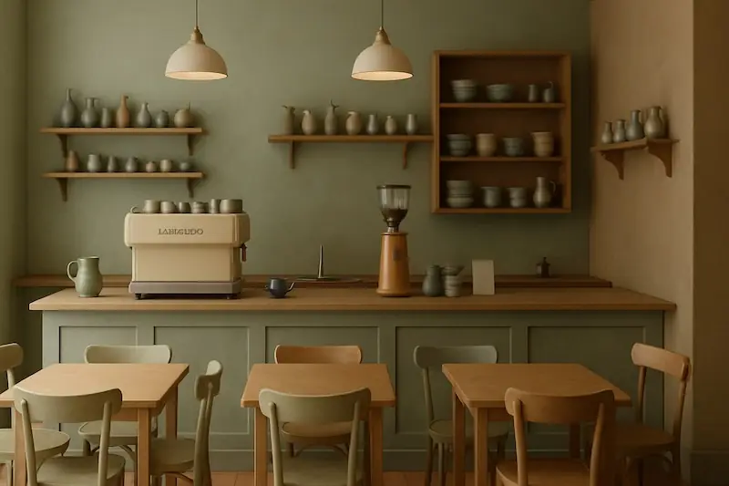 Minimalistisches Café in Naturfarben mit Holzstühlen, Kaffeemaschine und Keramikgeschirr
