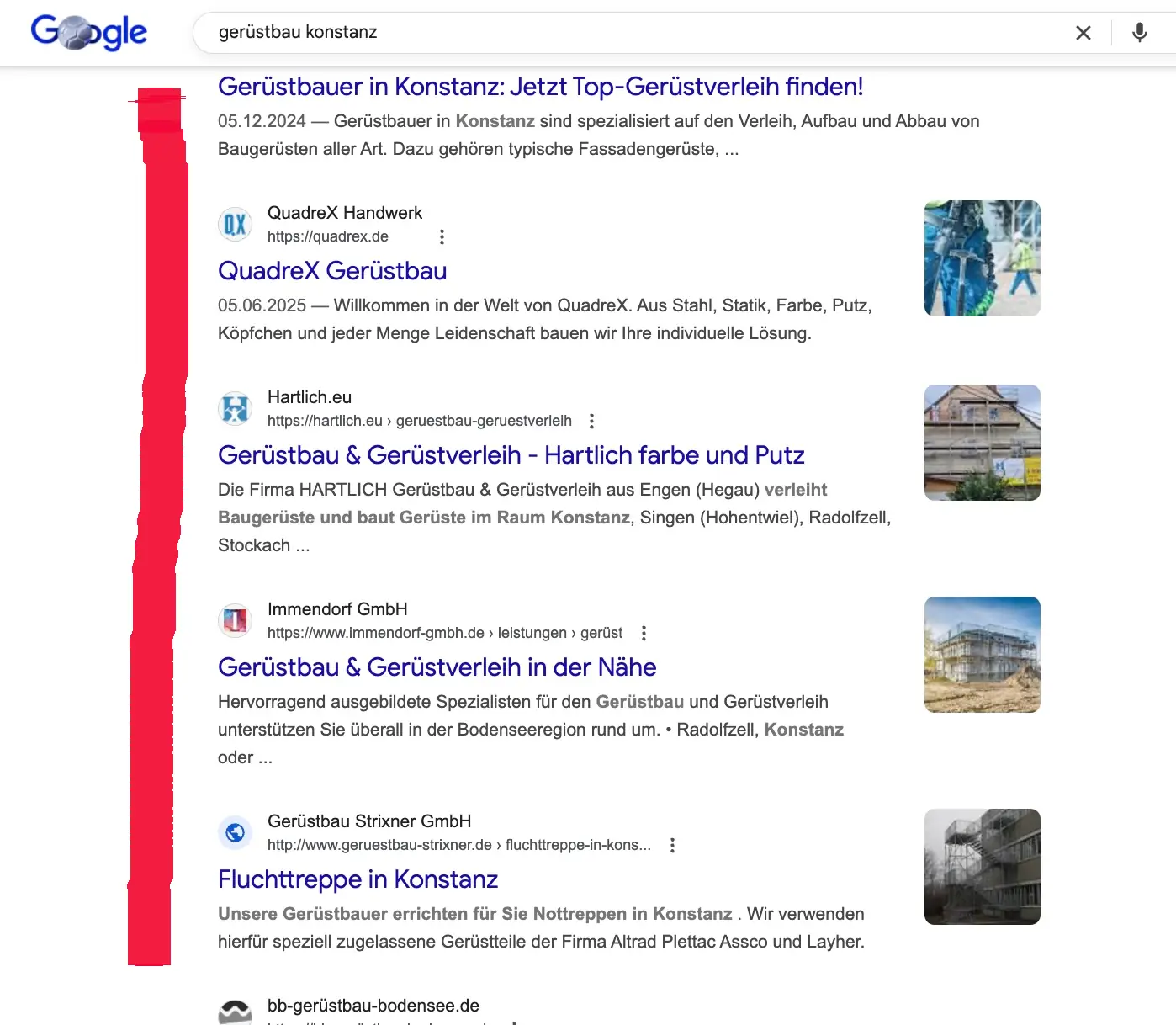 Google-Ergebnisse für Gerüstbau in Konstanz mit lokalen Anbietern und Gerüstverleih-Firmen im Überblick