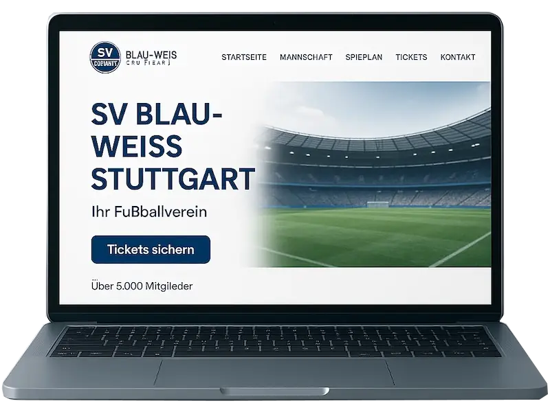 Moderne Fußballverein-Webseite auf Laptop mit Stadionansicht
