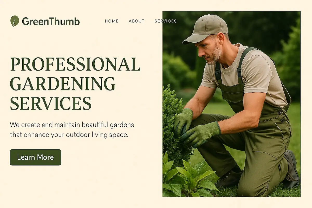 Webseite für Gartenpflege mit Gärtner in Arbeitskleidung im Grünen