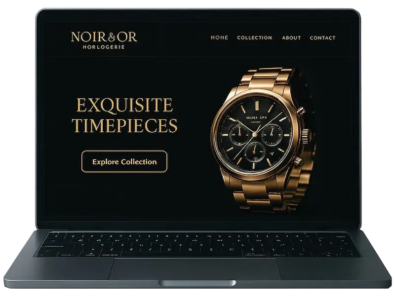 Exklusive Uhren-Webseite mit goldener Armbanduhr auf Laptop