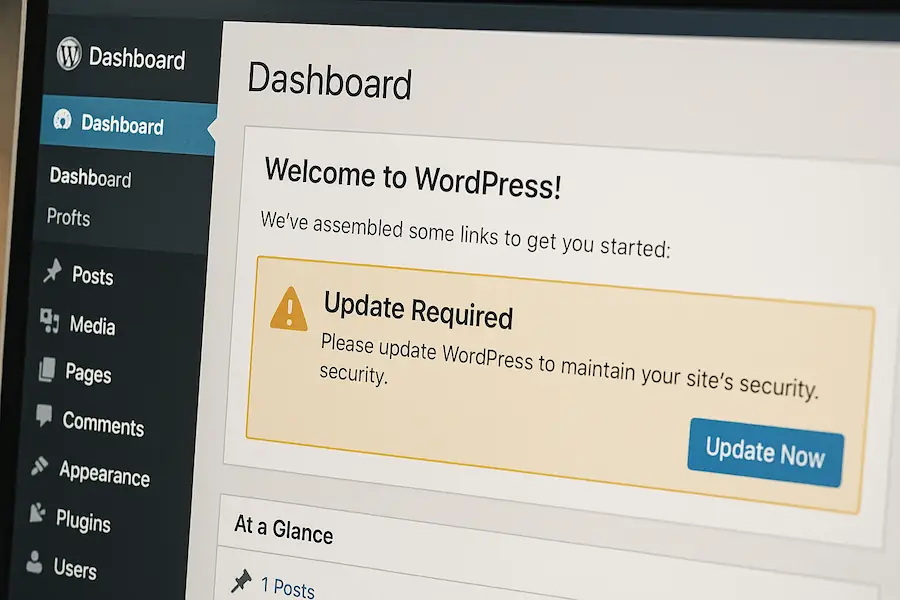 WordPress Wartung: Sicherheitswarnung im WordPress-Dashboard: Update erforderlich für Systemschutz und Stabilität