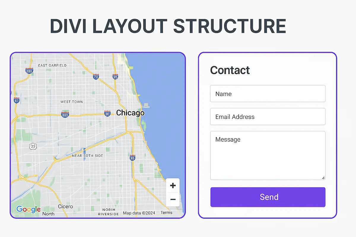 Lokale Landingpage erstellen: Kontaktformular mit Standortkarte von Chicago – modernes Divi Layout für lokale Unternehmen
