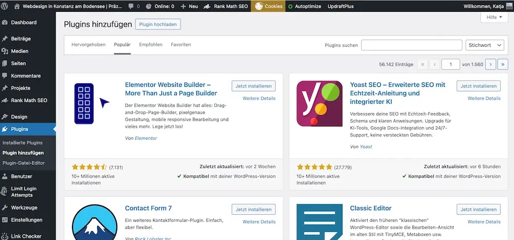 WordPress Plugin-Übersicht im Backend mit SEO- und Page-Builder-Tools WordPress-Plugin-Verwaltung mit Empfehlungen wie Elementor, Yoast SEO und Contact Form 7