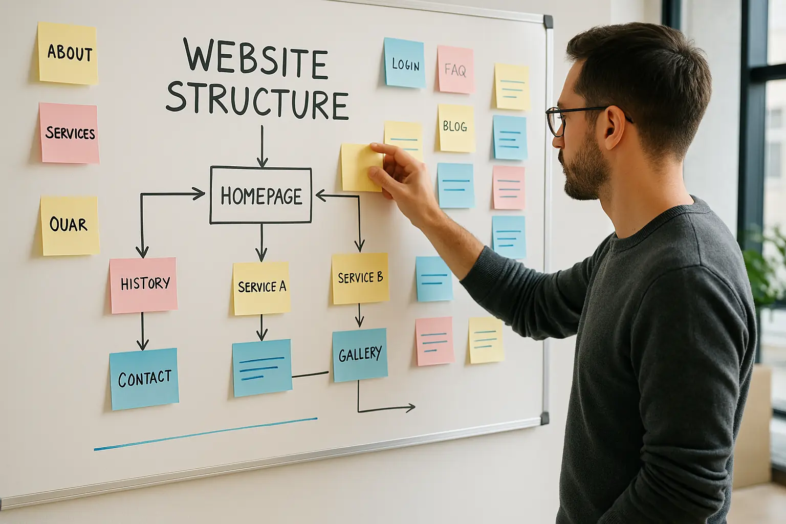 Mann plant mit Haftnotizen die Seitenstruktur einer Website – Website-Aufbau visuell verständlich dargestellt