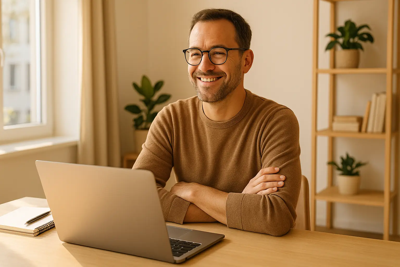 Zufriedener Mann arbeitet am Laptop im Homeoffice – erfolgreich mit eigener Webseite