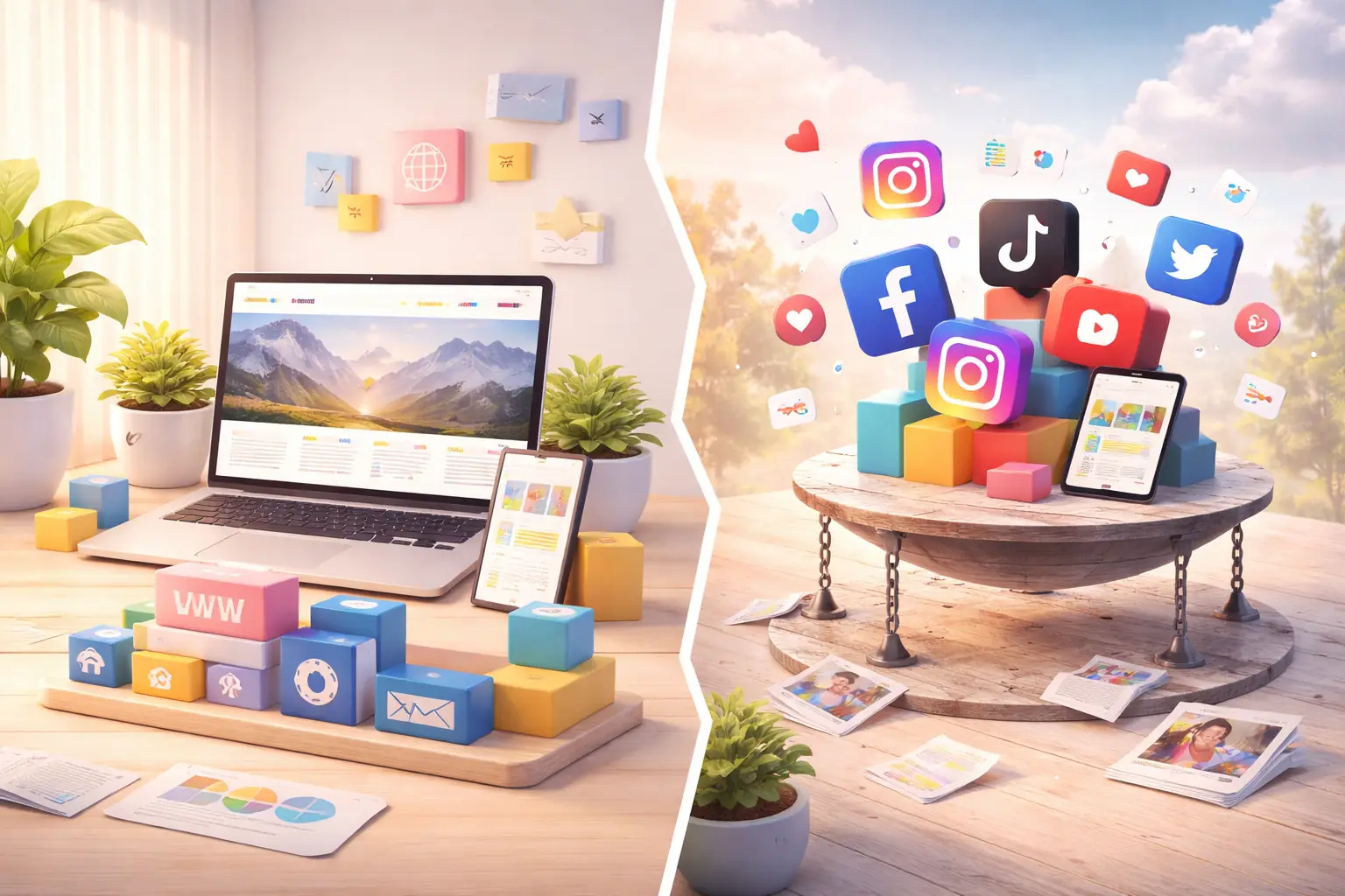 Lohnt sich die Investition in eine professionelle Website oder reicht ein Social Media? 16 Reduziertes Featured Image im Pastellstil mit ruhiger Gegenüberstellung einer professionellen Website-Basis und einer abstrahierten Social-Media-Präsenz.