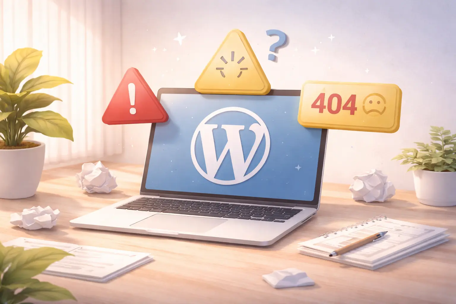 Die 3 häufigsten WordPress Fehler 19 Modernes Featured Image mit reduziertem WordPress-Mockup und drei klaren Fehlerhinweisen in sanften Pastellfarben mit warmen Akzenten, passend zum Thema häufige WordPress-Fehler.