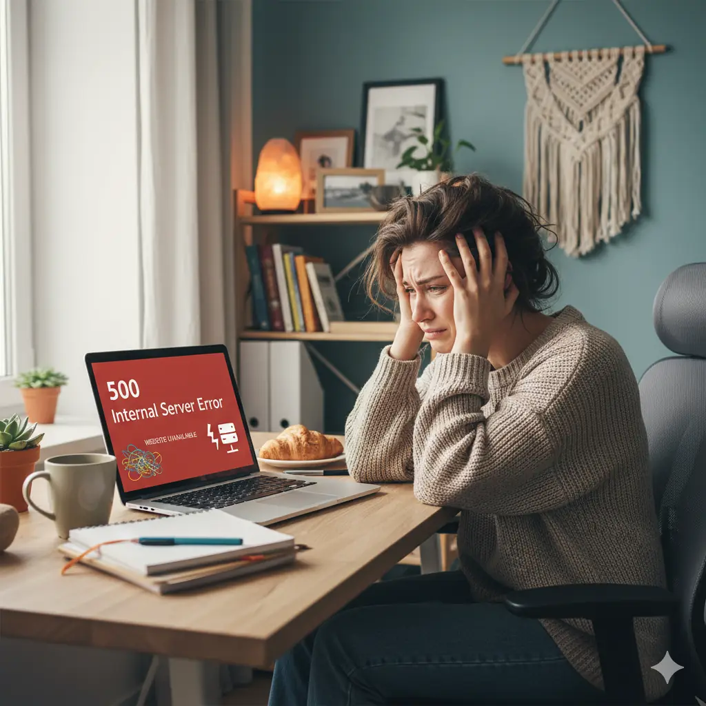 Wordpress fehler: Frau am Laptop mit „500 Internal Server Error“-Meldung – Website nicht erreichbar, Frust bei WordPress-Problemen