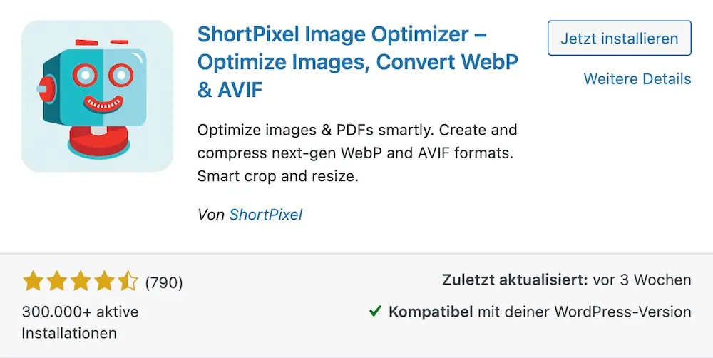 ShortPixel Plugin für smarte Bildkomprimierung und WebP-/AVIF-Umwandlung