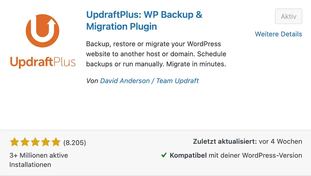 UpdraftPlus Sicherungs- und Migrationslösung für WordPress UpdraftPlus Backup-Plugin für WordPress zur Datensicherung und Website-Migration