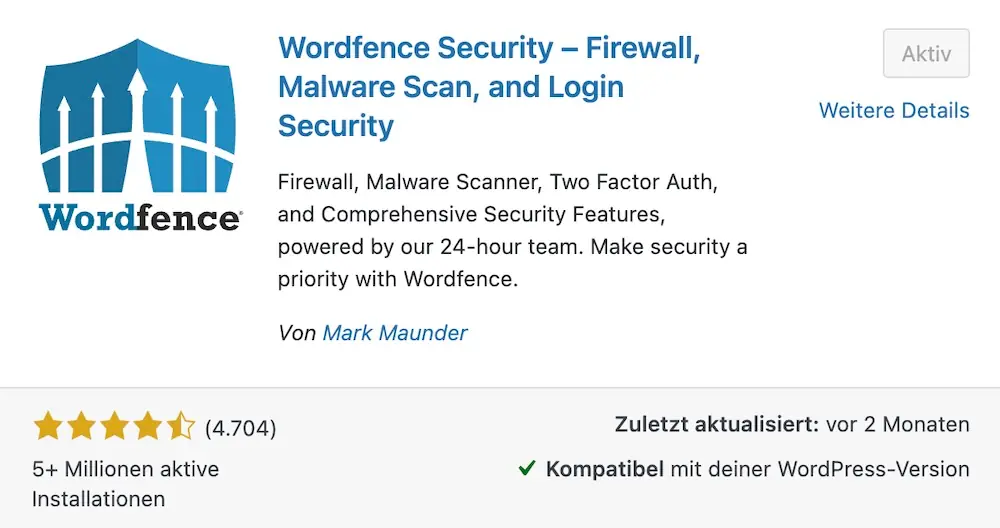 Wordfence Sicherheitslösung für WordPress-Websites Wordfence Security Plugin mit Firewall, Malware-Scanner und Login-Schutz für WordPress