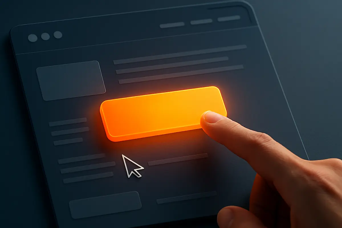 Interaktiver Call to Action-Button auf Webseite Leuchtender Call to Action Button auf Webseite wird mit dem Finger gedrückt – Fokus auf Nutzerinteraktion