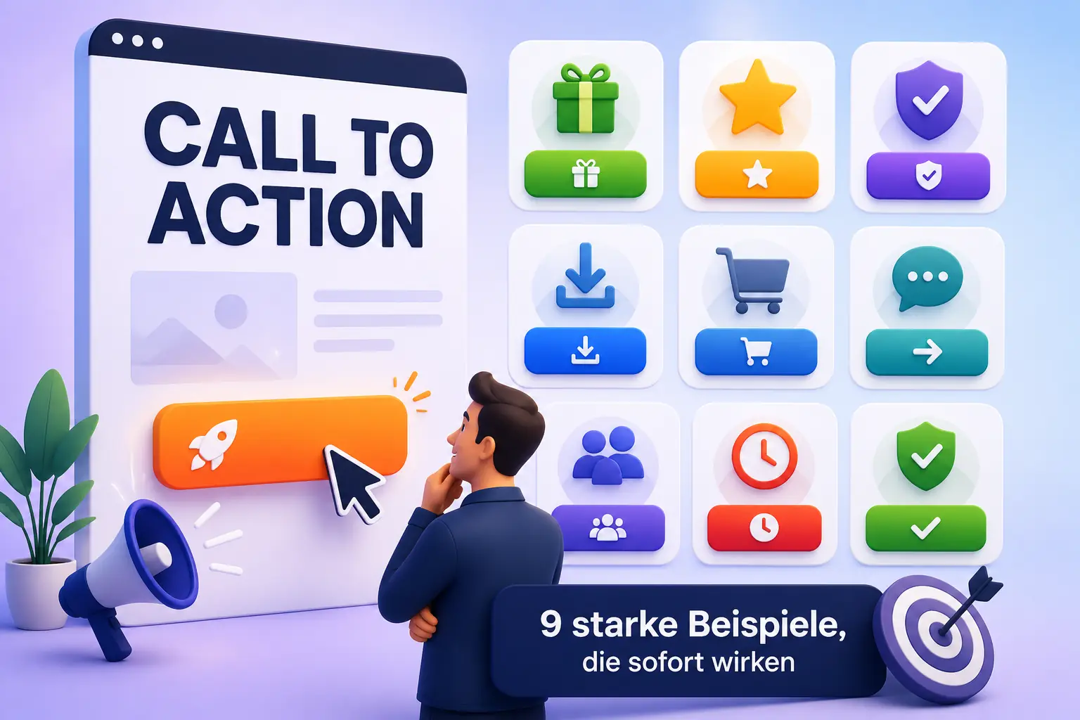 Call to Action: 9 starke Beispiele, die sofort wirken 20 Illustration einer Webseite mit auffälligem Call-to-Action-Button und neun verschiedenen Aktionssymbolen für mehr Klicks und Conversions.