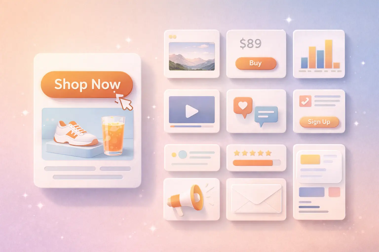 Call to Action: 9 starke Beispiele, die sofort wirken 17 call to action: Modernes Featured Image mit zentraler Call-to-Action-Karte und neun reduzierten UI-Modulen in Pastellrosa, Lavendel und Apricot mit kräftigen Akzenten, passend zum Thema wirksame CTA-Beispiele.