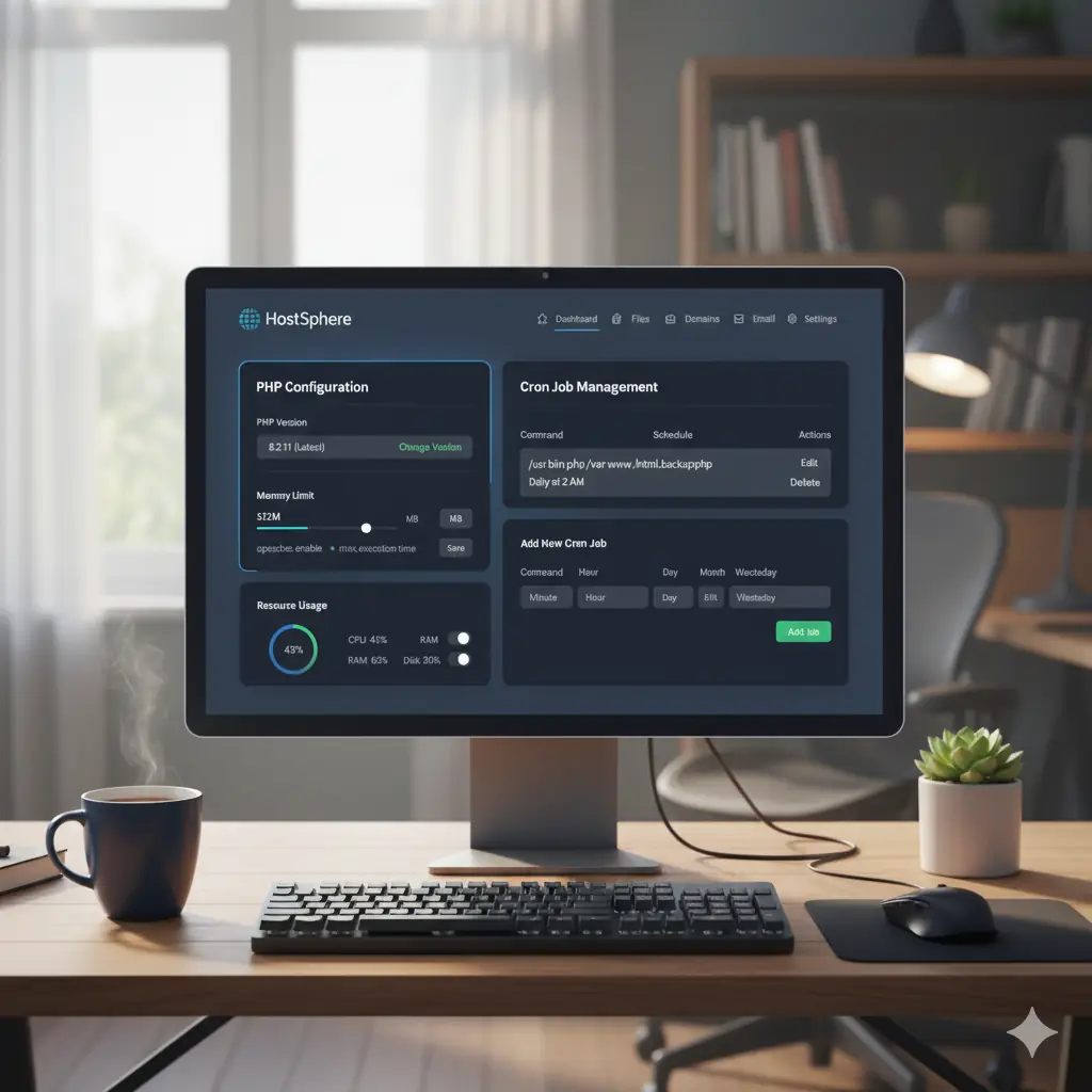 Webhosting-Dashboard mit Sicherheitseinstellungen Hosting Einstellungen mit PHP- und Cronjob-Einstellungen für stabile und sichere WordPress-Websites im modernen Büro.