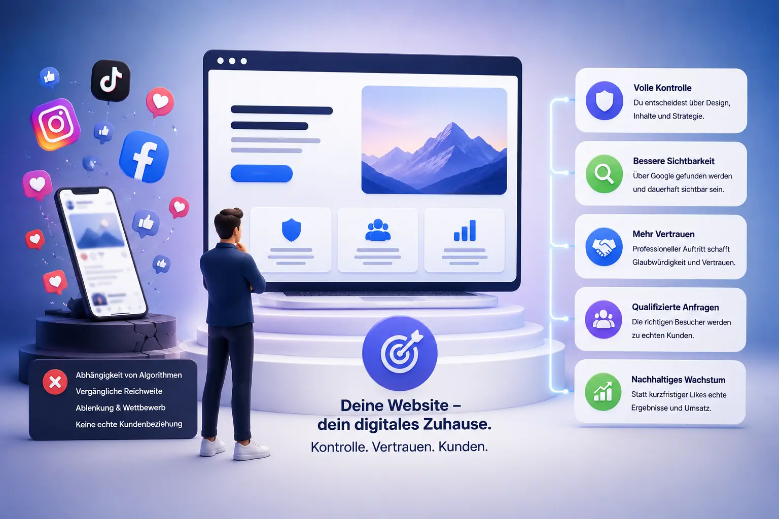 Professionelle Website: Warum Social Media allein dich nicht rettet 19 Illustration einer professionellen Website als stabile Zentrale für Kundengewinnung, während Social Media nur als ergänzender Kanal dargestellt wird.