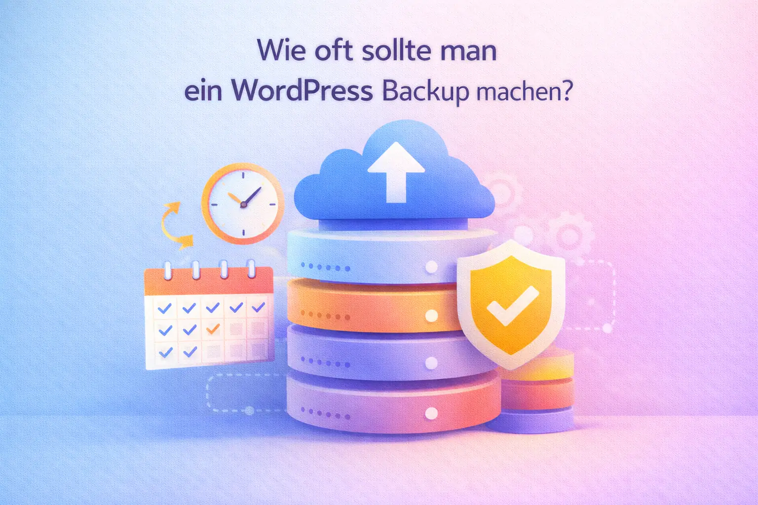 Wie oft sollte man ein WordPress Backup machen ? 14 Modernes Featured Image mit gestapelten Servermodulen, Kalender, Uhr, Cloud-Backup-Symbol und Sicherheitsschild in sanften Pastellfarben mit kräftigen Akzenten, passend zum Thema WordPress-Backups.