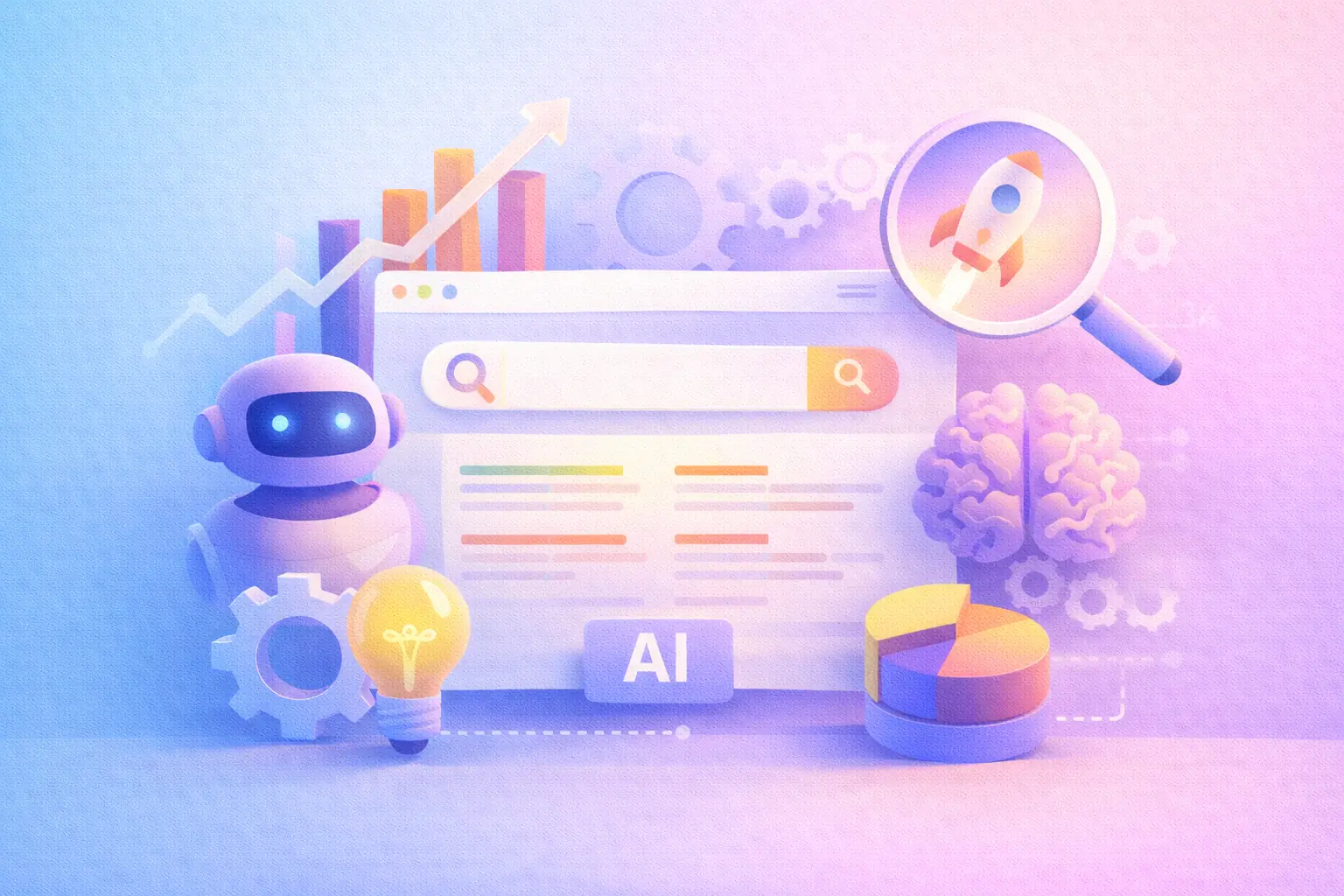 Die 8 besten KI SEO-Tools 2026, die du kennen musst 15 Modernes Featured Image mit abstrahierten SEO- und KI-Motiven wie Suchoberfläche, Analyse-Elementen, Lupen-Visual, Diagrammformen und intelligenten Assistenzobjekten in Pastellblau, Rosé und Violett mit kräftigen Akzenten.