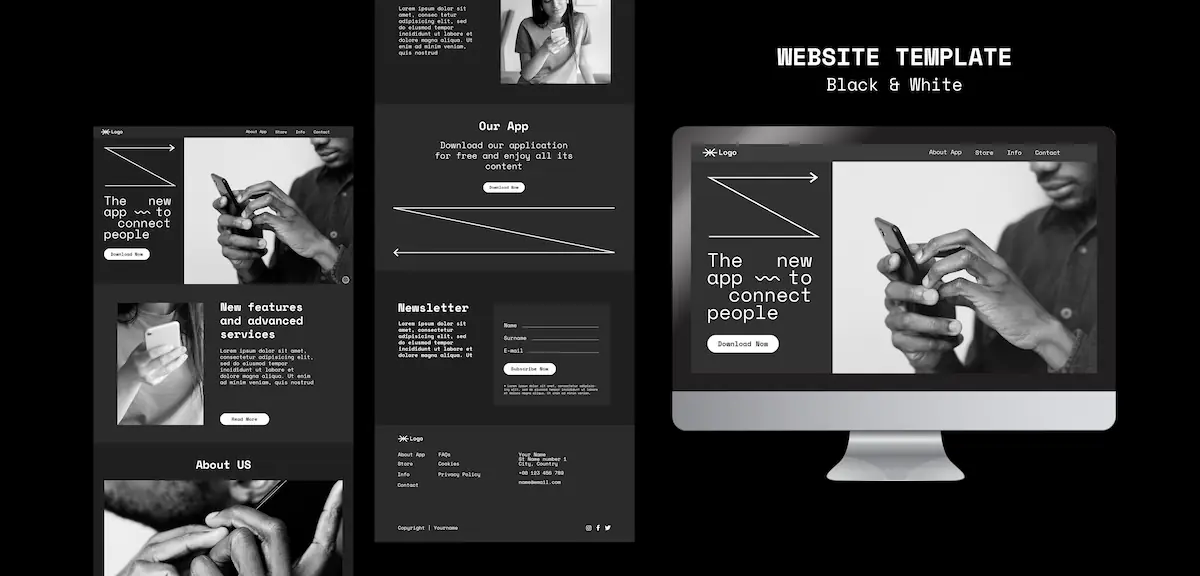 Webdesign Projektanfrage: Schwarz-weiß Website-Vorlage mit modernem Layout für App-Präsentation auf Desktop und Mobilgerät