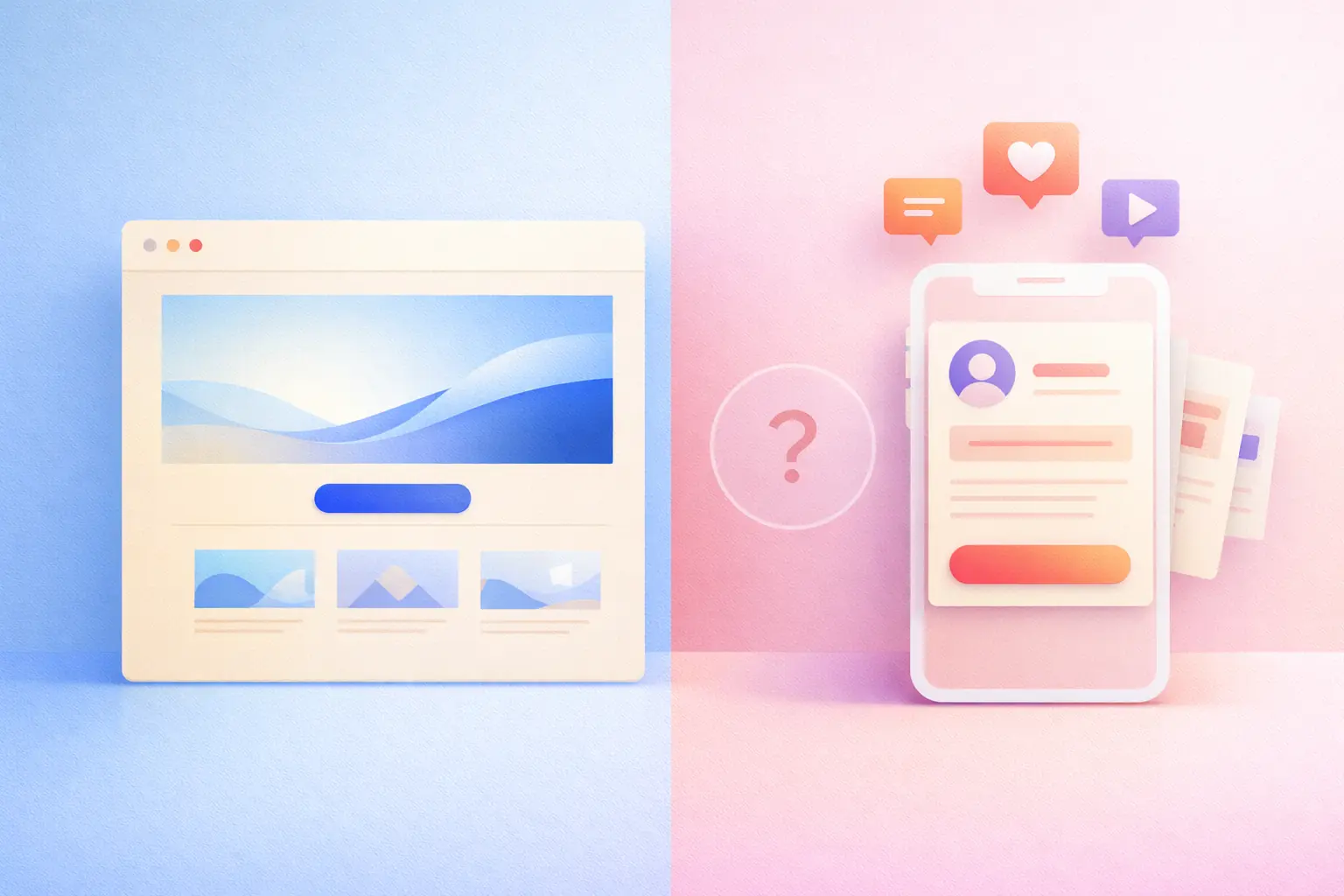 Eigene Website oder nur Social Media – was für dich wirklich sinnvoll ist 12 Modernes Featured Image mit Browser-Mockup und Smartphone-Mockup in Pastellblau, Creme und Rosé mit kräftigen Akzenten in Royalblau, Koralle und Violett, als visueller Vergleich zwischen eigener Website und Social Media.