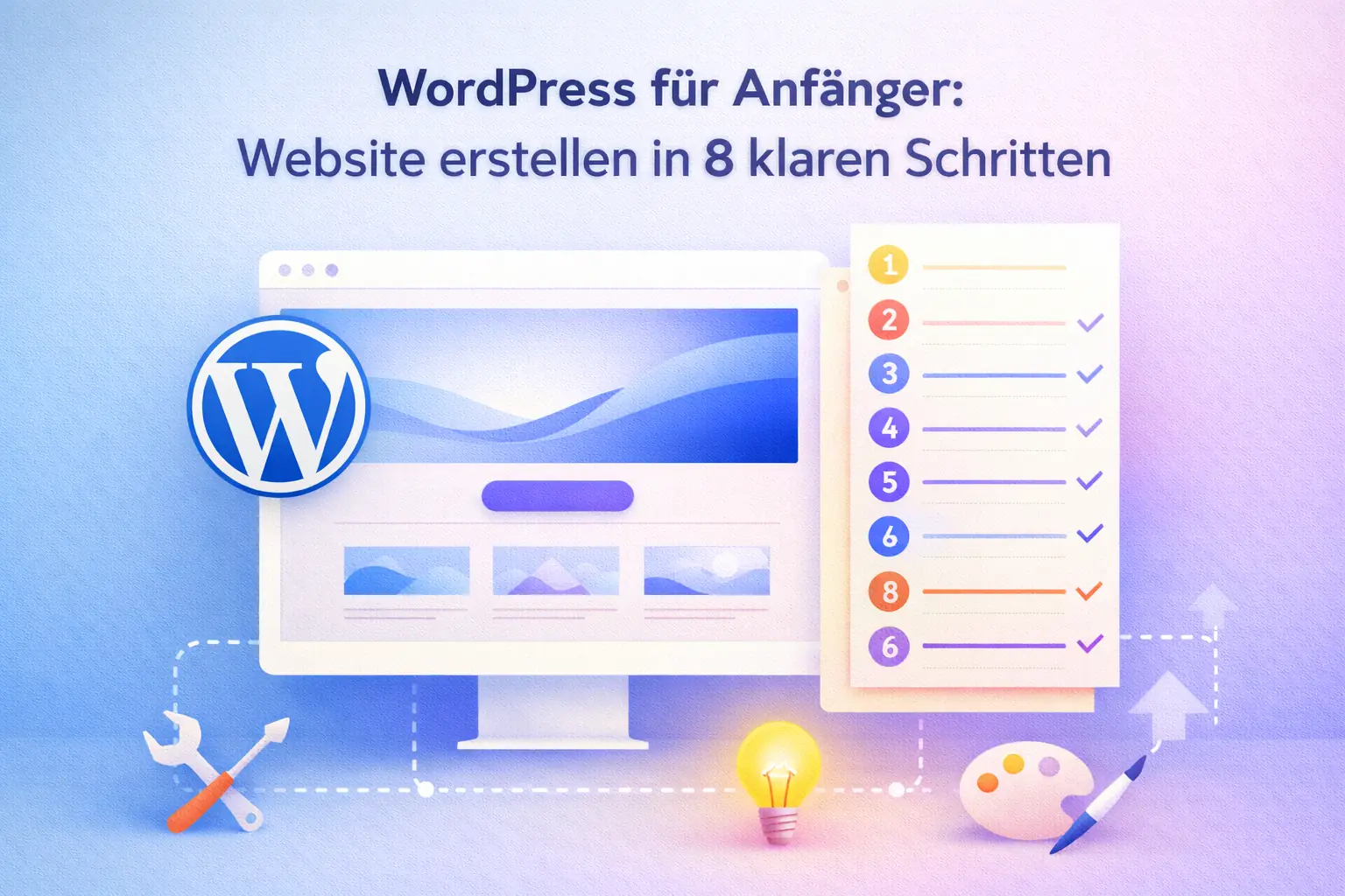 Wordpress für Anfänger: Website erstellen in 8 klaren Schritten 13 Modernes Featured Image mit Website-Mockup, strukturierter Schritt-für-Schritt-UI und klarer, farbiger Komposition für einen Einsteiger-Guide zur WordPress-Website-Erstellung.