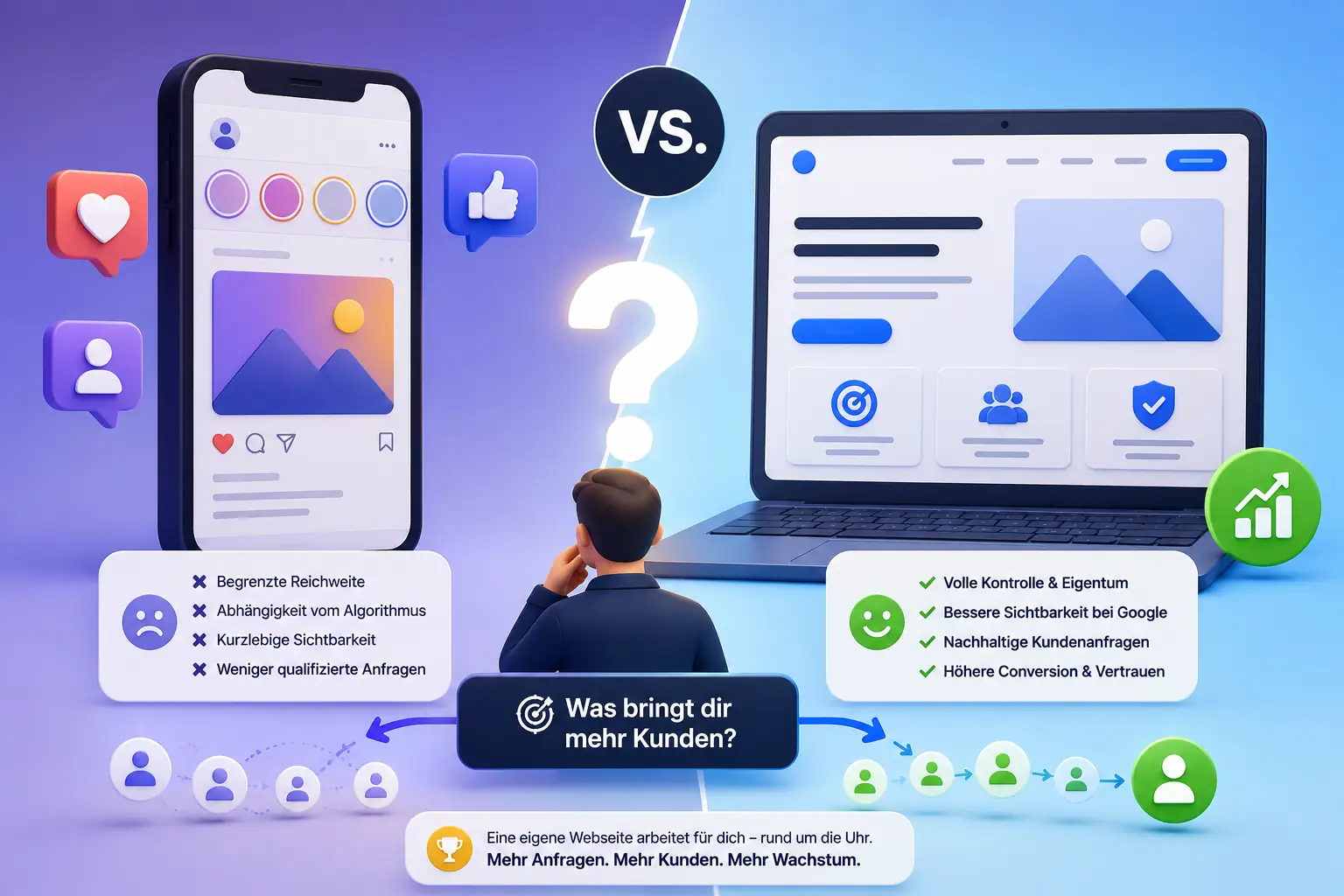 Eigene Webseite: Social Media oder Website – was bringt dir mehr Kunden? 16 Illustration zum Vergleich von Social Media und eigener Website: Ein Smartphone steht einem Laptop gegenüber, während eine Person über den besseren Weg zu mehr Kunden nachdenkt.