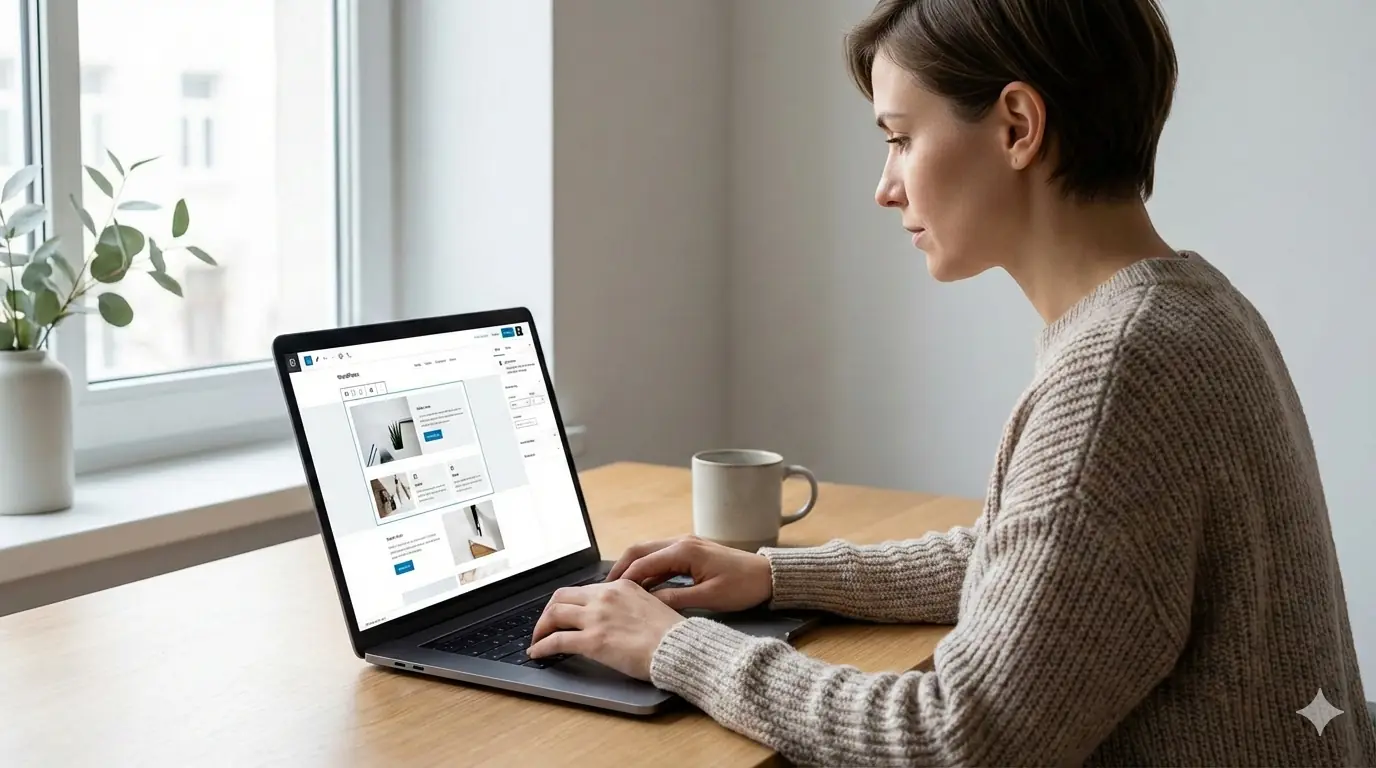 wordpress für anfänger: Frau arbeitet konzentriert an einer WordPress-Seite auf dem Laptop am Fensterplatz