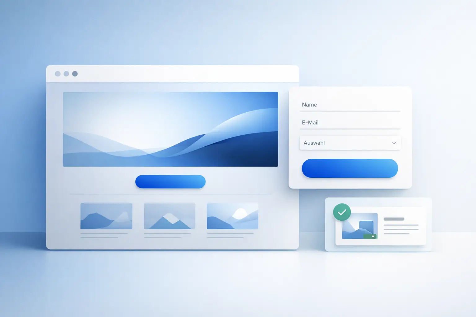 Landingpage erstellen lassen: Mehr Leads und Conversions 11 Landingpage erstellen lassen: Minimalistisches Featured Image mit modernem Browser-Mockup, reduziertem Formular-Element und klaren UI-Karten in einer ruhigen blau-weißen Farbwelt, passend zum Thema Landingpage und Conversion-Optimierung.