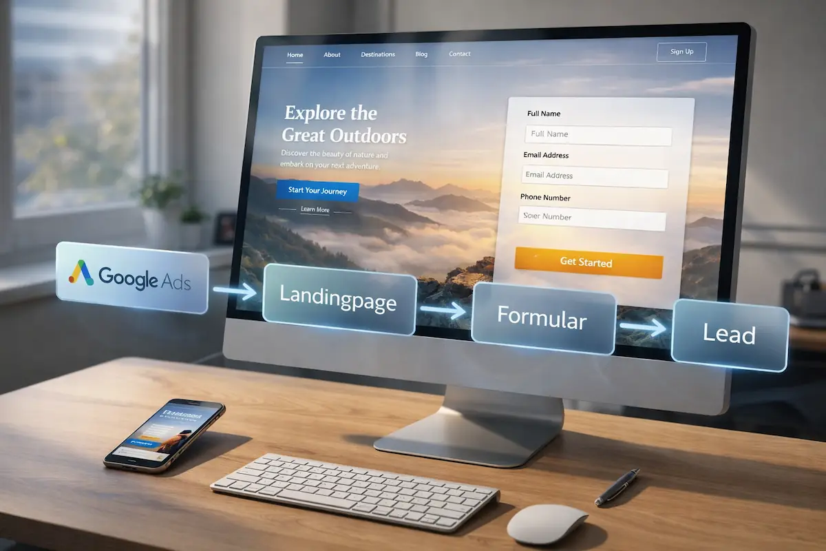 Landingpage erstellen: Von Google Ads zur erfolgreichen Leadgenerierung Google Ads Kampagne führt über Landingpage mit Formular zur Leadgenerierung für kleine Unternehmen