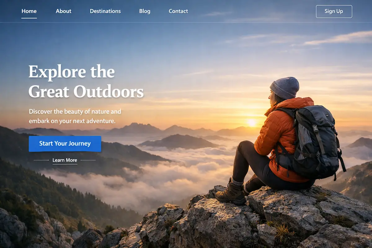 Landingpage erstellen: Hero-Header mit Wanderin in den Bergen Hero-Bereich einer Reise-Webseite mit Wanderin auf Berggipfel bei Sonnenaufgang und klarer Call-to-Action